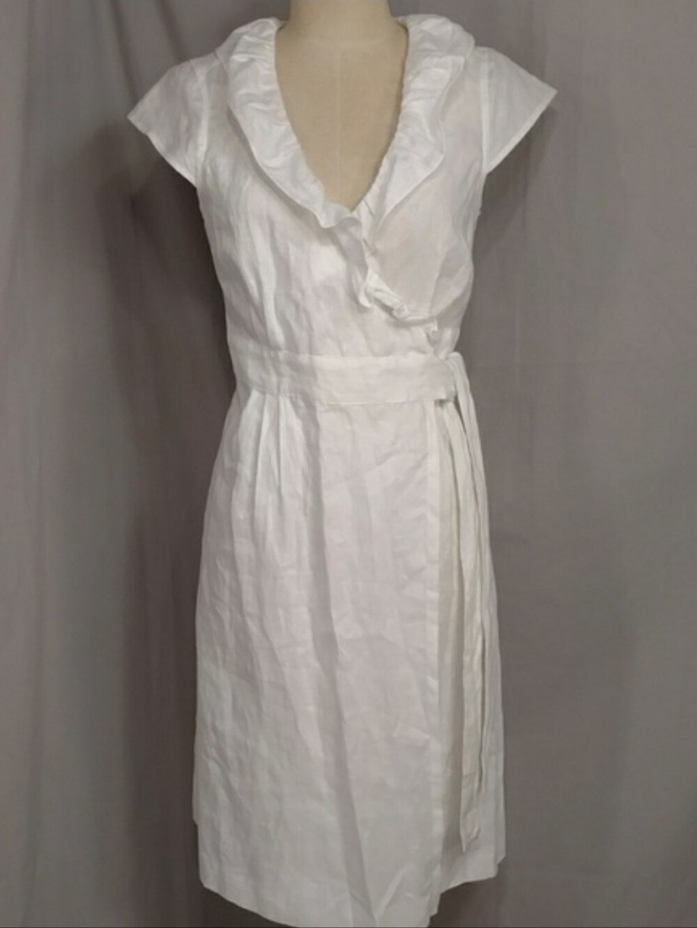 J. Crew Ruffle Neck White Linen Wrap Dress Size 8